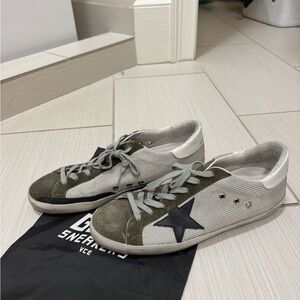 Golden Goose Olive and White SuperStar Sneakers